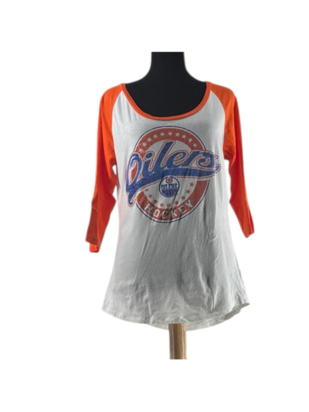 New Era Oilers NHL hockey team logo shirt 3/4 sleeve scoop neck hockey fan sz lg